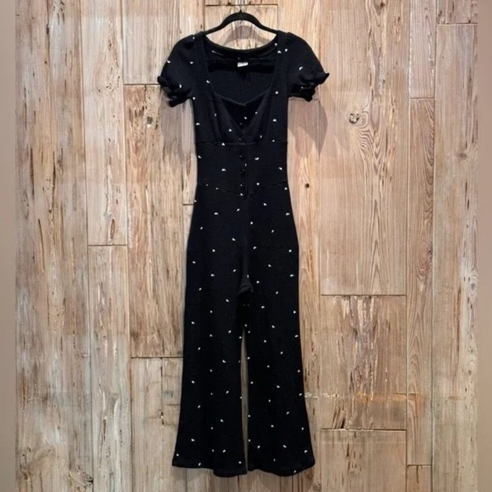 Black Eyewear Jumper Button-Down Front Short Sleeves Small White Dot Pattern Siz